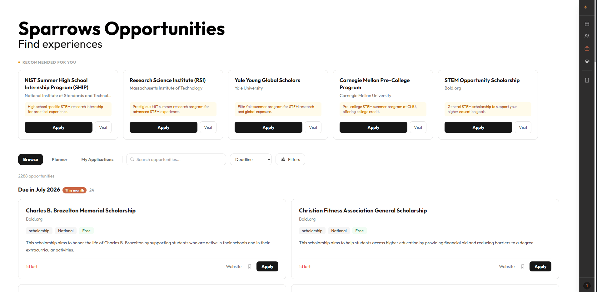 Research programs and internships in the Sparrows catalog from MIT, Yale, Carnegie Mellon and NIST